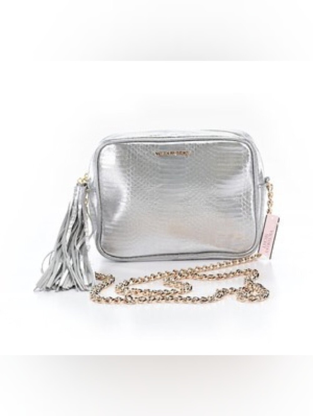 Victoria's Secret NWT Metallic Silver Crossbody Bag with Tassel Chain Strap.